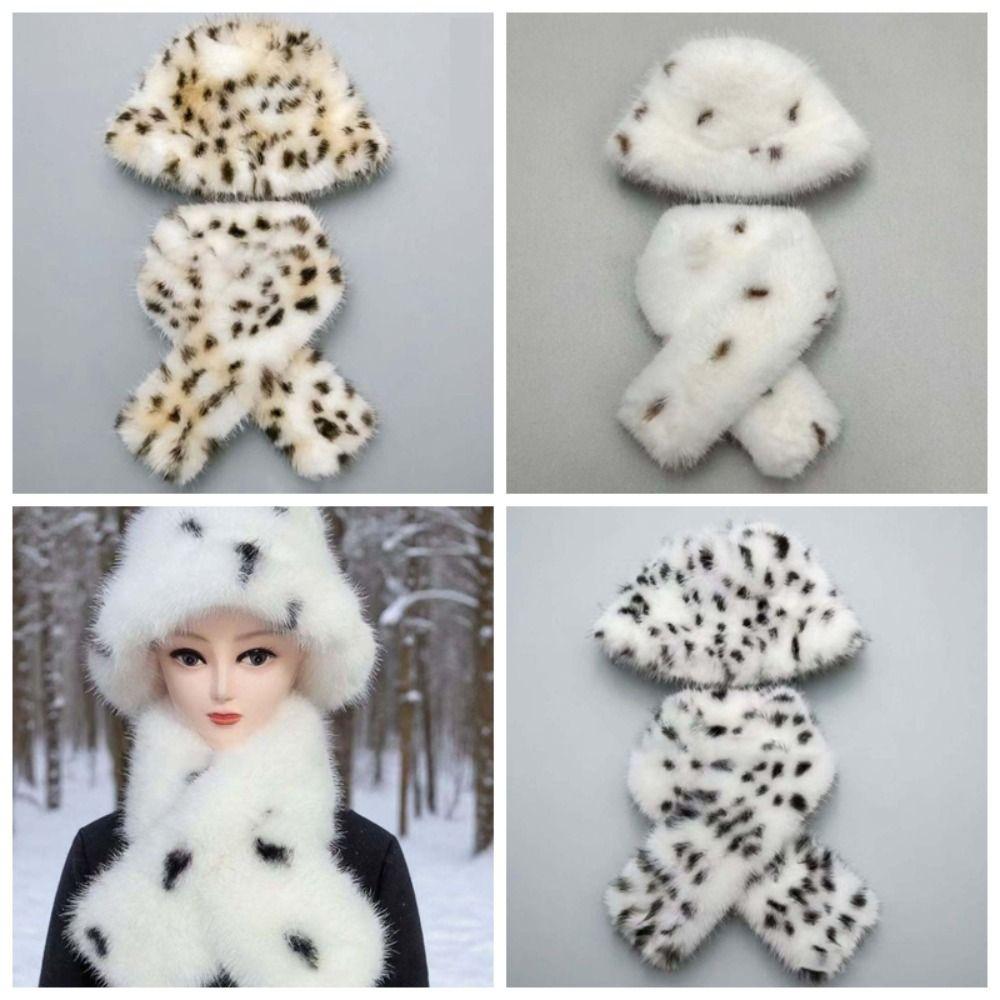 Cozy Skin Friendly Spotted Bucket Cap Thick Warm Plush Neck Warmer Leopard Scarf Outdoor Travel