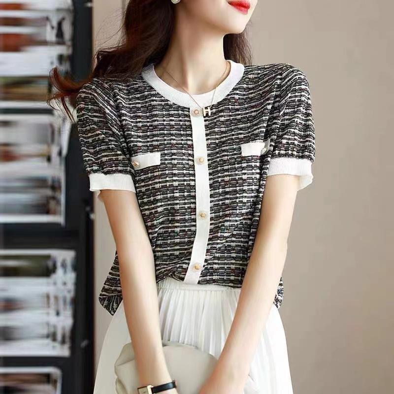 

Трикотажная блузка Ice Silk, небольшой аромат, футболка с короткими рукавами, женская летняя тонкая круглая горловина, модный темперамент, свободная полосатая рубашка XL белый