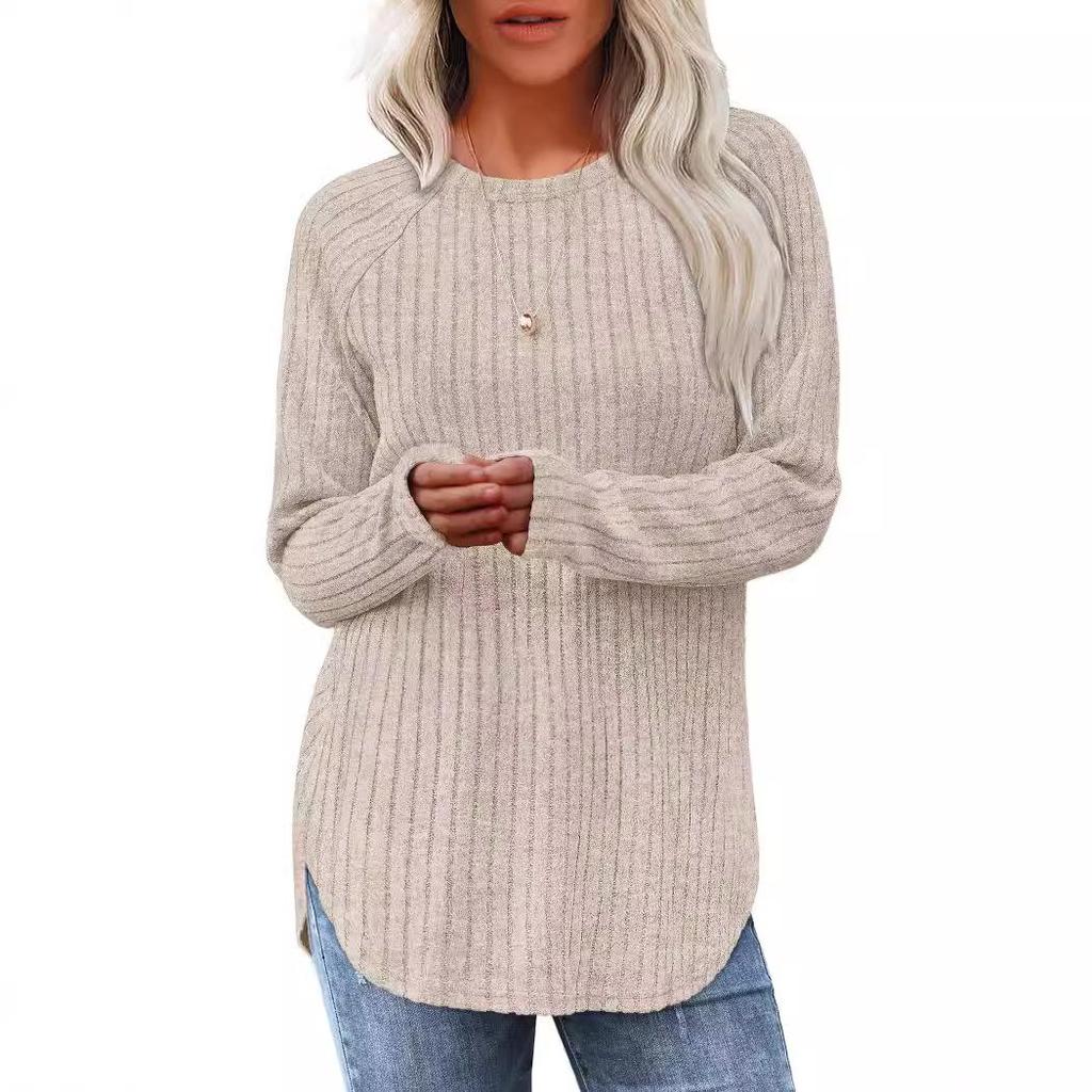 2024 Autumn Women's Loose Round Neck High-Low Hem Top