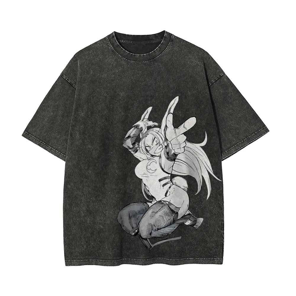 Mirko T-Shirt My Hero Academia Herren Säurewaschung Übergroß Anime Manga Vol. 37 Cover Grafik Baumwolle Streetwear Kaninchenheld Vintage T-Shirt Top