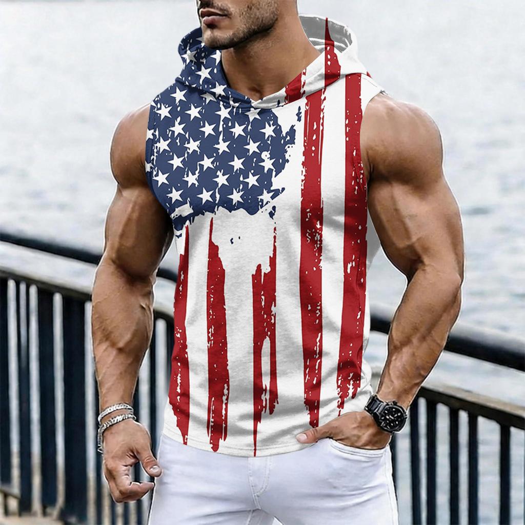 Men's Casual Sleeveless Hoodie Tank Top with Independence Day Print Lightweight Summer Muscle Fit Activewear