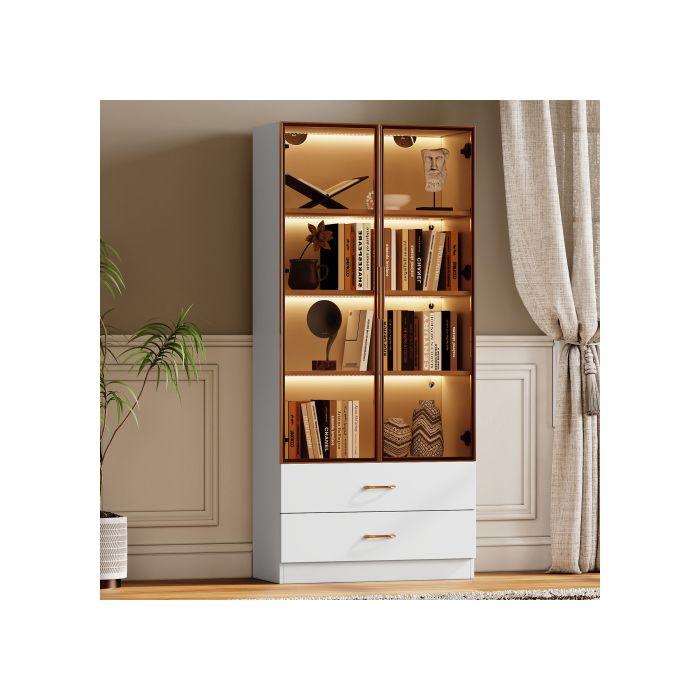 Armoire de salle de bains, moyenne, avec bandeau lumineux, largeur 75 cm, avec 2 grands tiroirs et 2 portes, porte vitrée