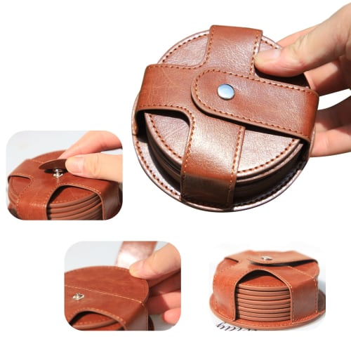 TOSSOW Coasters, PU Round Cup Mats with Storage Case, Waterproof and Heat-Resistant Pads, Set of 8 (Brown)