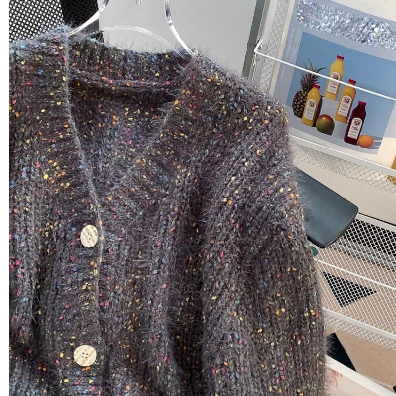 Women's Autumn and Winter Vintage Dot Sweater Jacket Versatile, Lazy, Wide-wind, Fluffy Glutinous Thread Knit Top