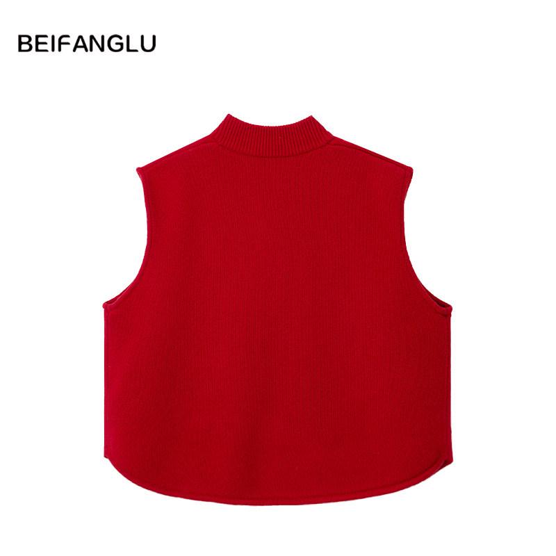 Women's Northern Deer French Old Money Style 100% Wool Thick Knit Stand-up Collar Vest Cardigan