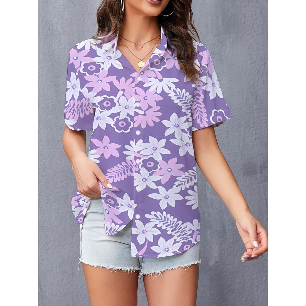 

Versatile Fashion Women s Elegant Casual Short-Sleeve Shirt - Purple Background with Purple and Pink Floral Pattern S