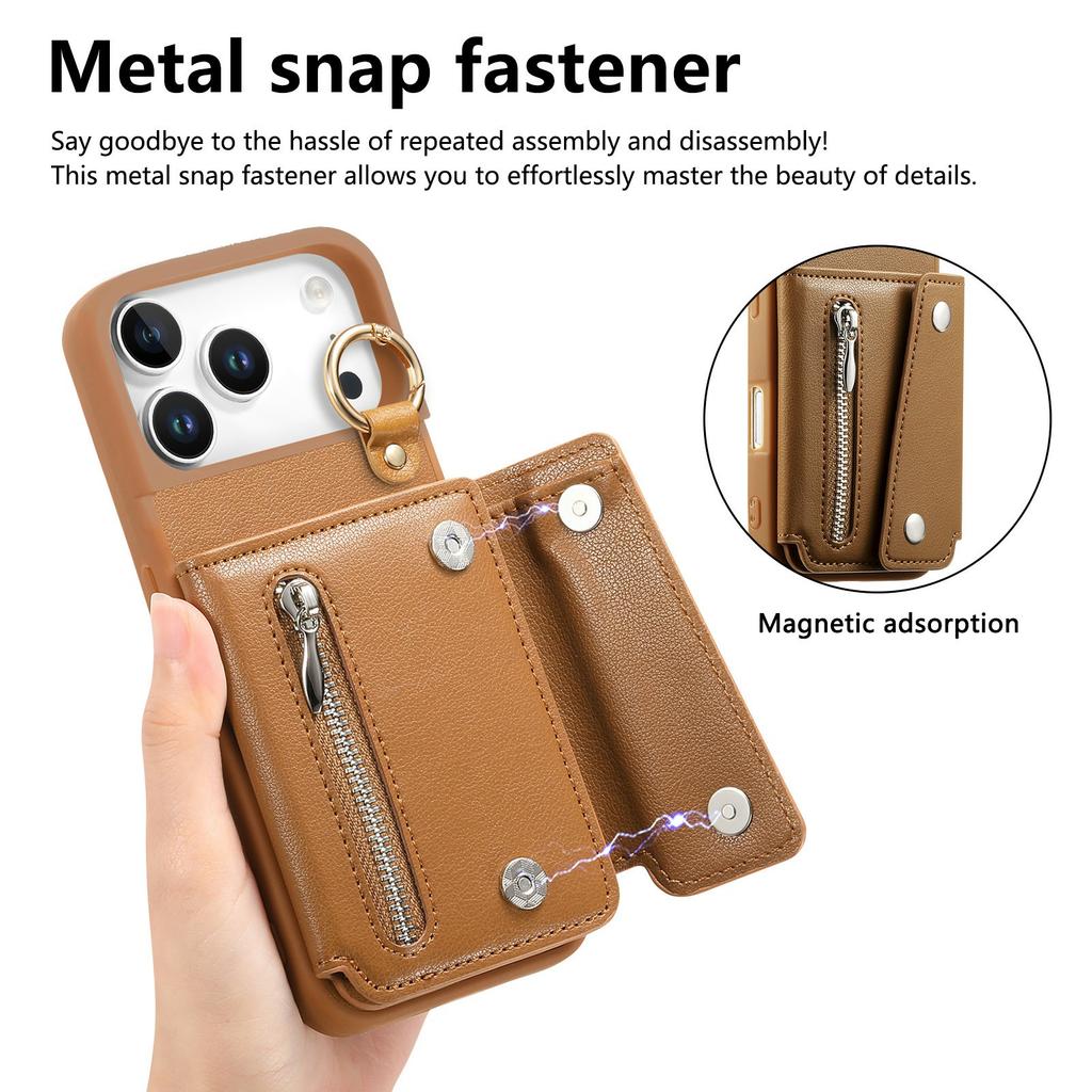 For iPhone 17 Pro Max Case D-Ring Holder Leather + PC + TPU Phone Cover with Wallet Kickstand