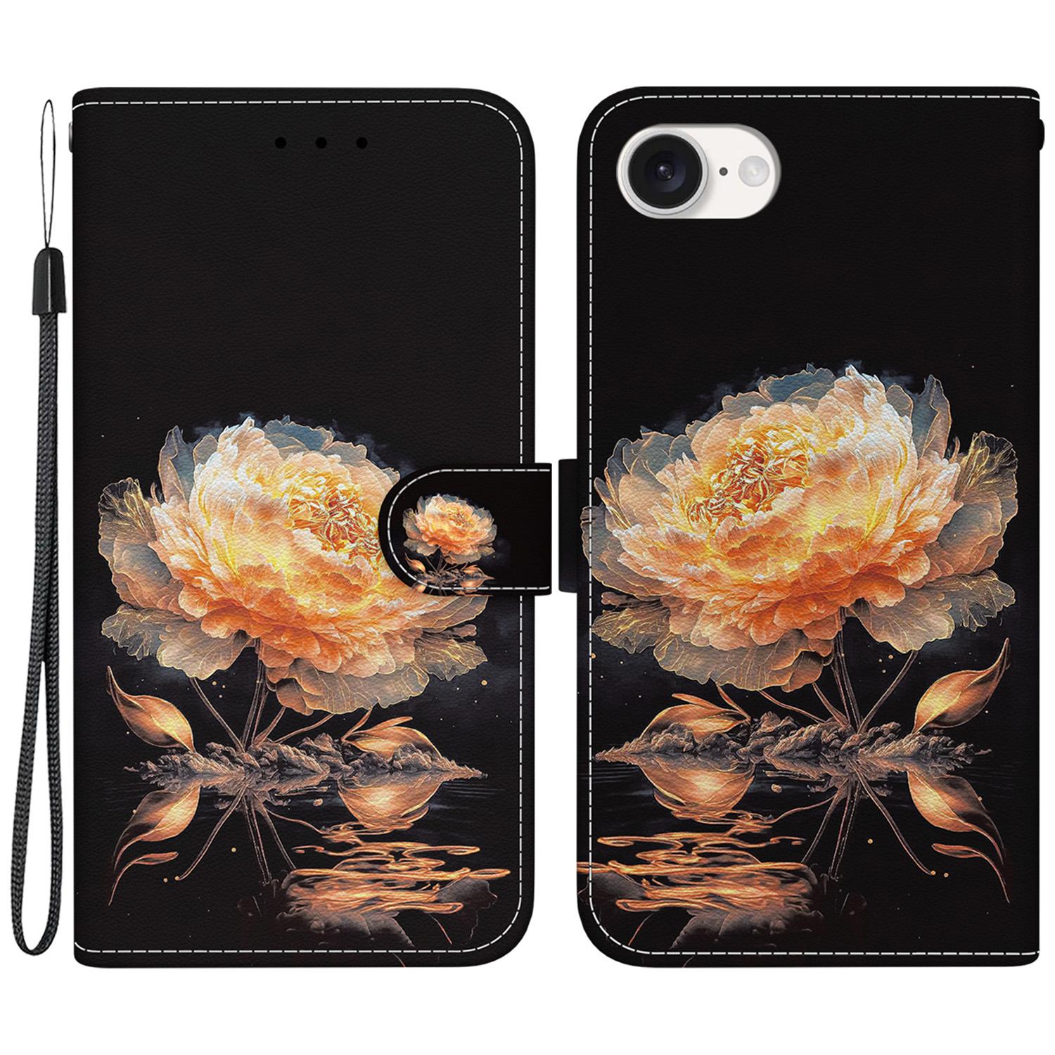 

Чехол для iPhone 16e с принтом, устойчивый к царапинам, кожаный чехол для телефона с кошельком Gold Peony