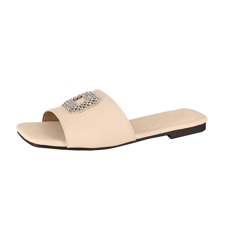 

Fashion 2025 Summer New Women’s Square Toe Sandals Outdoor High Quality Flat with Crystal Casual Slippers for Beach Daily Slippers 36 покинуть белый