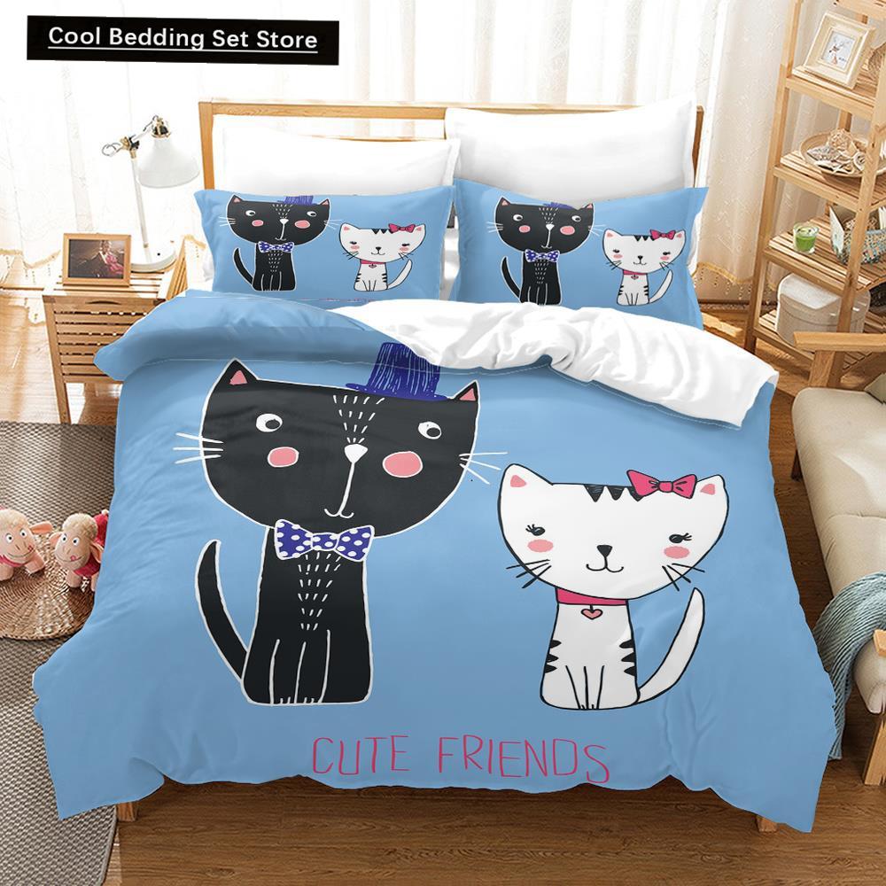 Cartoon Cat King Full Queen Duvet Cover Lovely Pet Kitty Bedding Set Animal Quilt Cover 2/3pcs Purple Polyester Comforter Cover