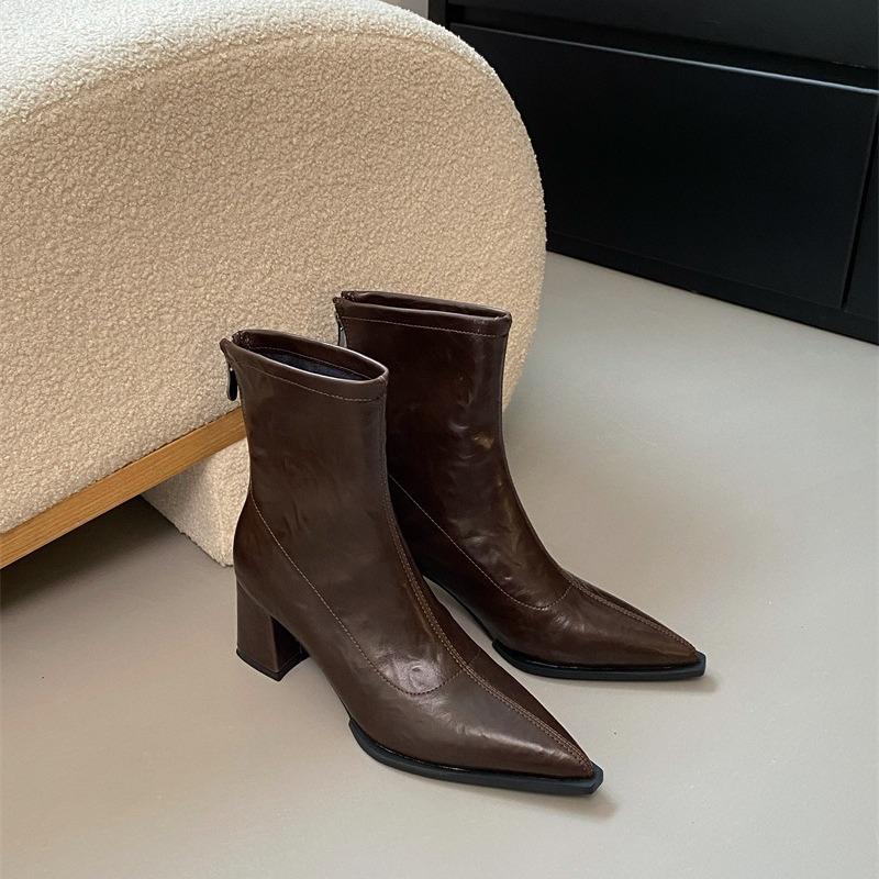 Fashion High-heeled Pointed Short Boots Women Autumn New European American Thick-heeled Bare Boots Retro Brown High-heeled Women's shoes