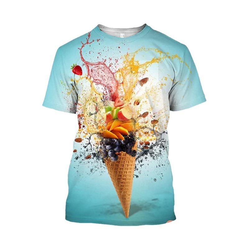 Eis 3D-Druck T-Shirt Herren Erdbeer Schokolade Grafik T-Shirt Unisex Lustig Essen Lässig Kurzarm Oberteile Cartoon T-Shirt