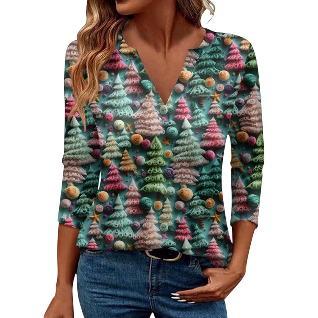 Women's Casual Fashionable Sexy Comfortable V-Neck Christmas Three-Quarter Sleeve Top