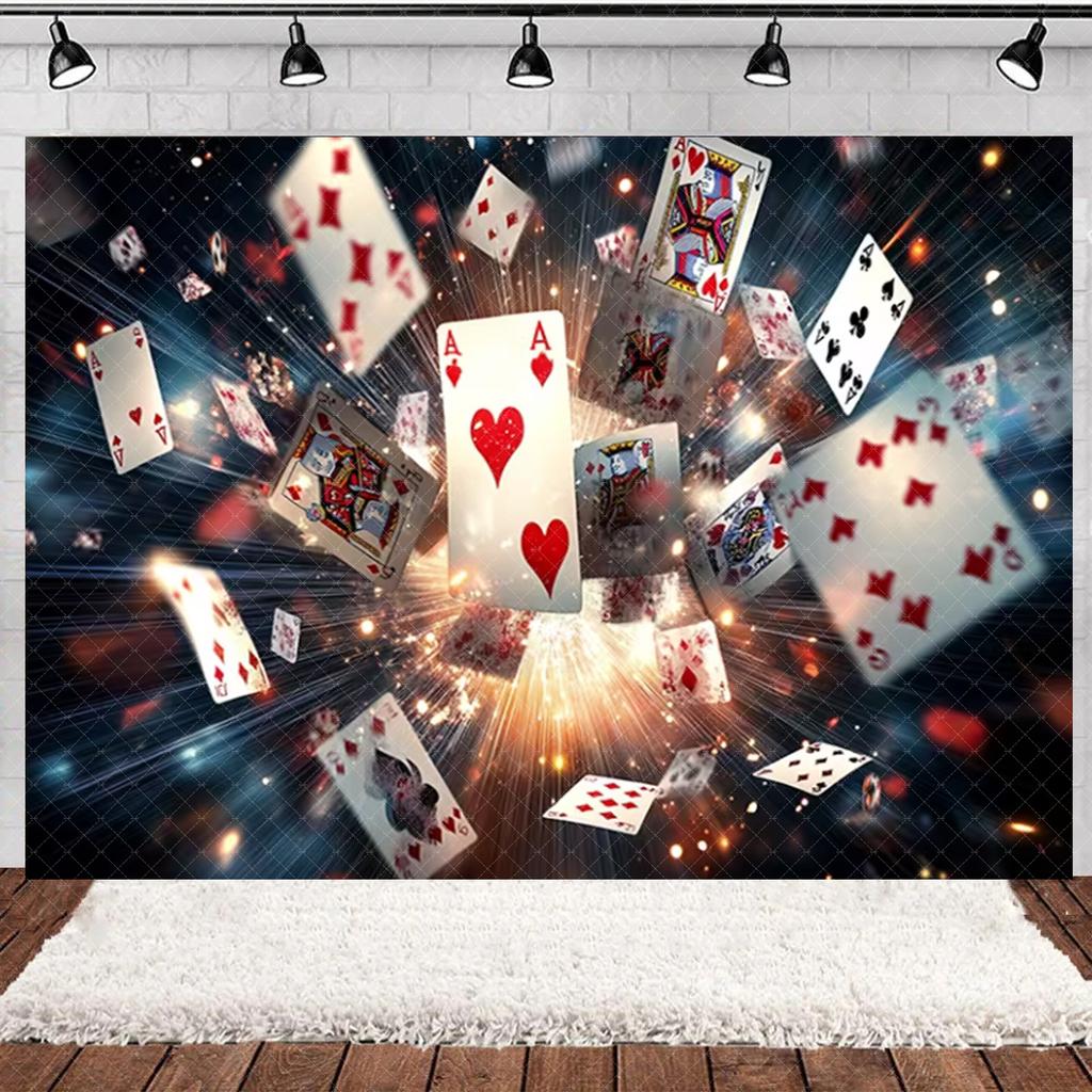 Casino Poker Chips Theme Birthday Party Decorations Playing Cards Money Golden Glitters Red Curtain BalloonS Cake Topper Banner