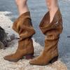 Platform Thick Heel Women Western Cowboy Boots Slip On Folded Pile Long Booties Female Shoes Autumn Winter