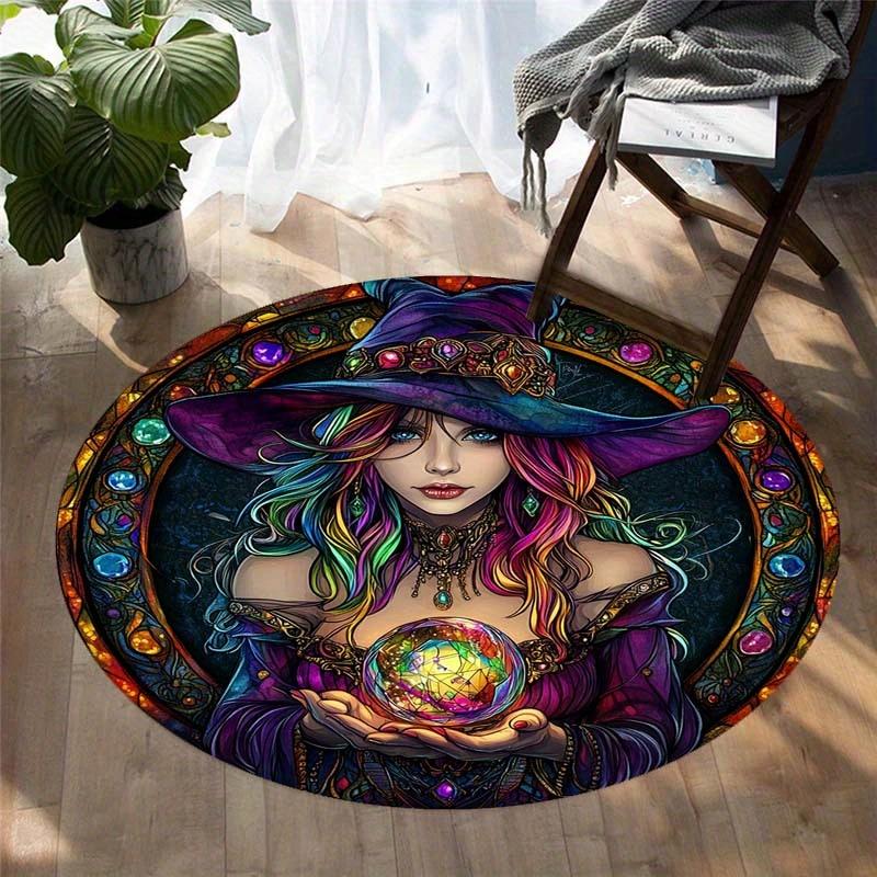 

Wizard Theme Round Rug, Purple Hat Magician with Crystal Ball Design, Colorful Gem Border Magic Carpet for Home Decor Diameter 60cm