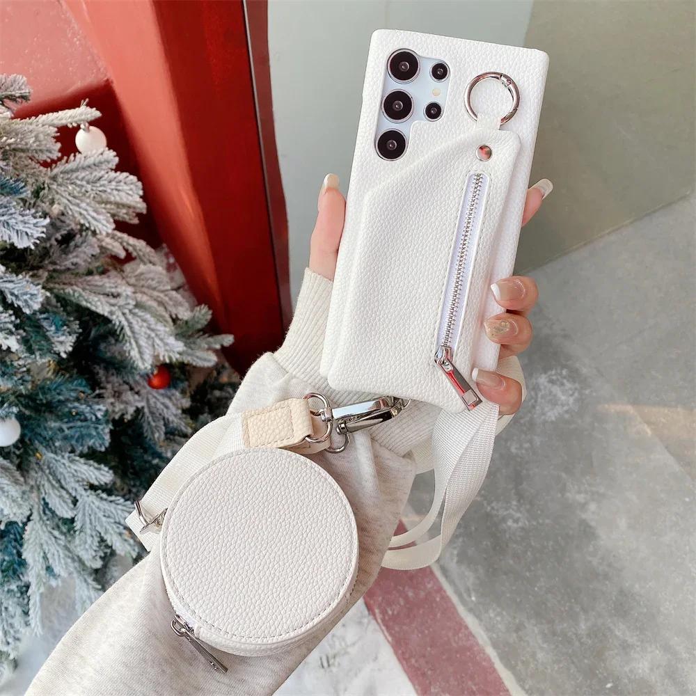 

Кошелек-монетница Кроссбоди Чехол для телефона для Samsung Galaxy S24 S23 S21 FE S25 S22 S20 Plus Note 20 Ultra Карман для карт Кожаная накладка For Samsung Galaxy Note20 белый