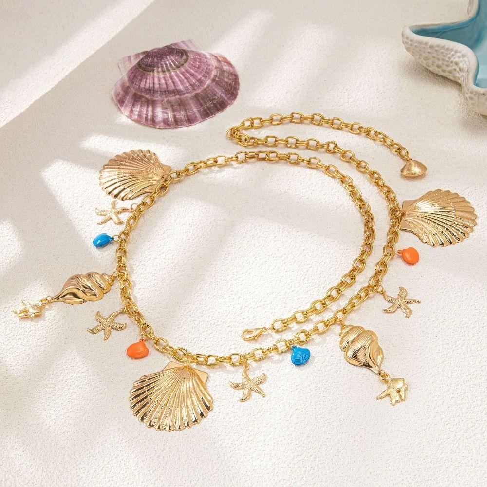 Gold Starfish Waist Chain Multi-pendant Beads Belly Chain Retro Imitation Pearl Body Chain  Beach