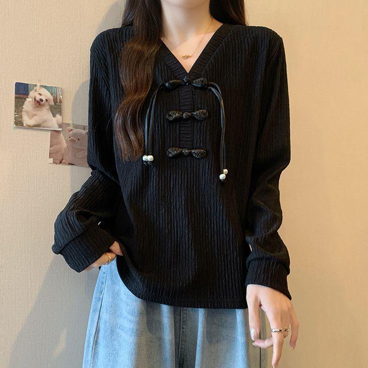 

Женская летняя зауженная футболка с длинным рукавом и пуговицами-лягушками 2025 года большого размера в новом китайском стиле XL чёрный