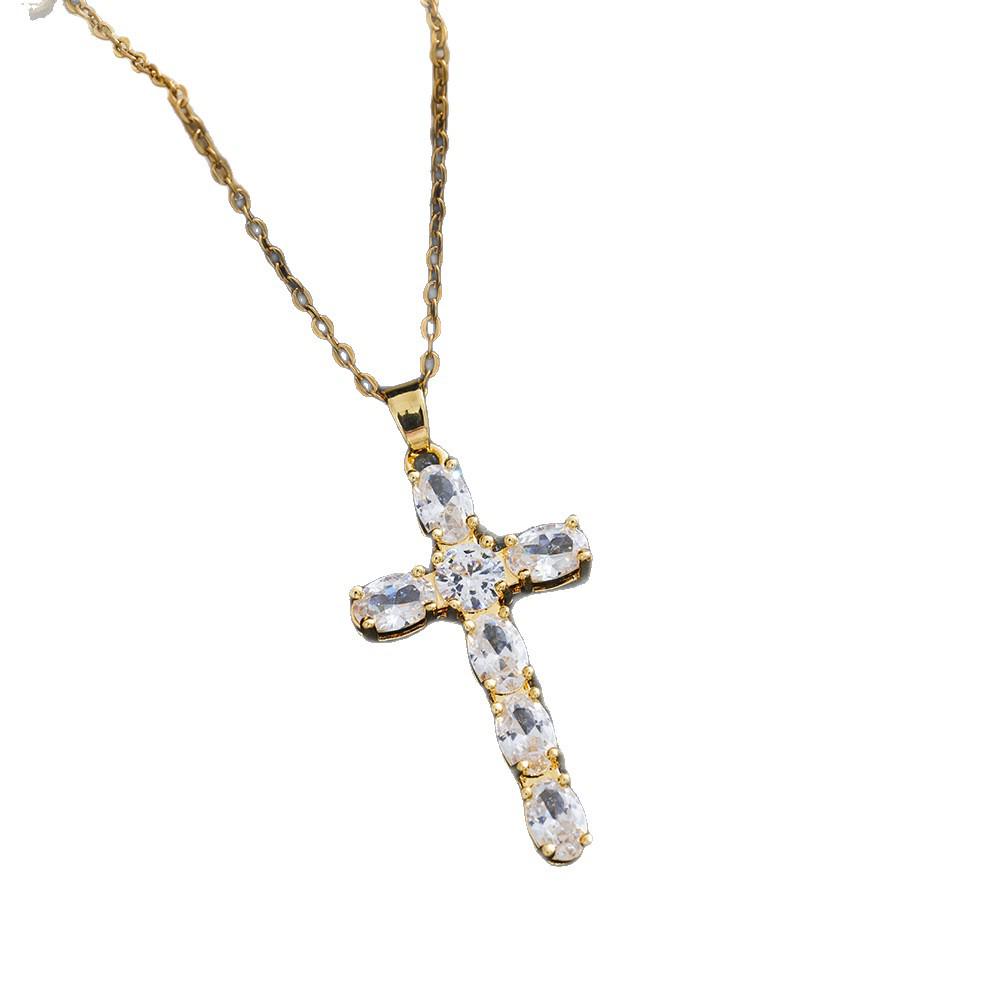 Gold-Plated Zircon Cross Pendant Titanium Steel Necklace for Women - European & American Luxury Style