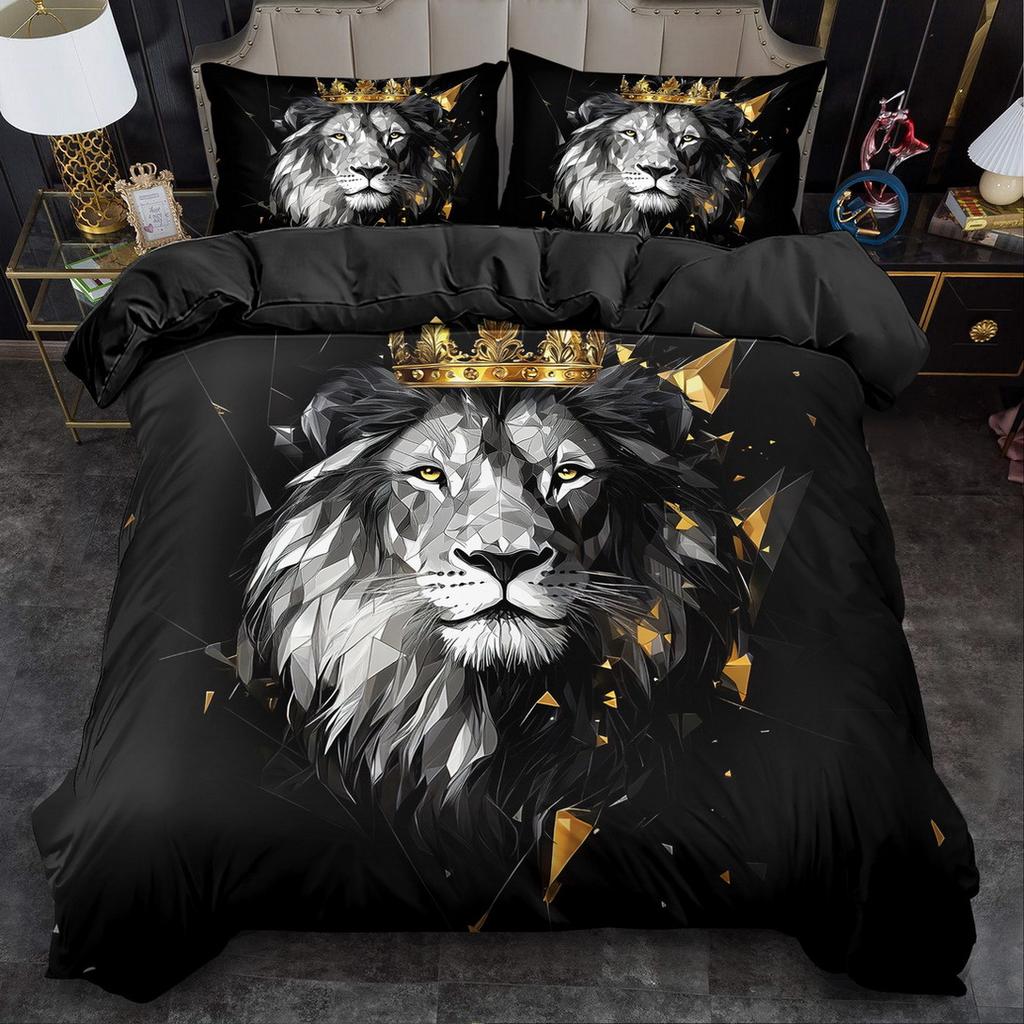 Black Lion in Artistic Style, Bold and Graceful 3D Print Duvet Cover Set, Luxury Animal Bedding for Bedroom Decor