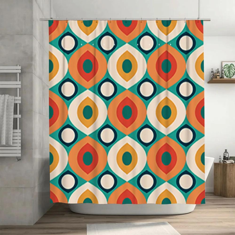 Geometric Pattern Shower Curtain Set Modern Blue Green Orange White Bath Decor for Home Decoration 72 x 84 inches