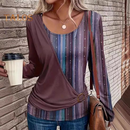 Damen-Oberteile, Rundhalsausschnitt, Langarm, Pullover, Tops, Streifendruck, Spleißdesign, lässig, lockeres T-Shirt für den Alltag