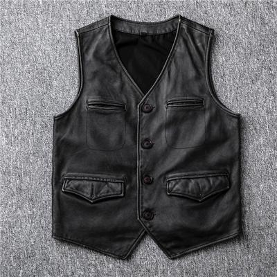 Amikaji Pracovné oblečenie Retro Opotrebovaný Vrchný diel Hladká koža Vesta Pánska Úzky strih Kožená bunda Kožená bunda