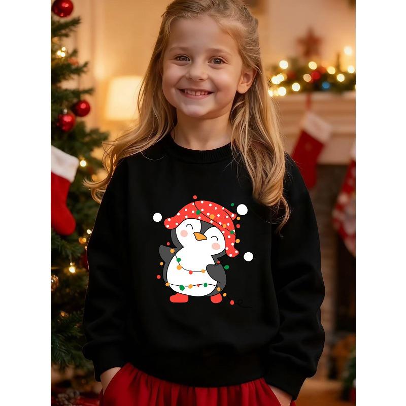 European sizes Kids' Penguin Christmas Themed Crew Neck Sweatshirt Cute Cartoon Penguin with Colorful Christmas Lights, Fashionable Personalized Print
