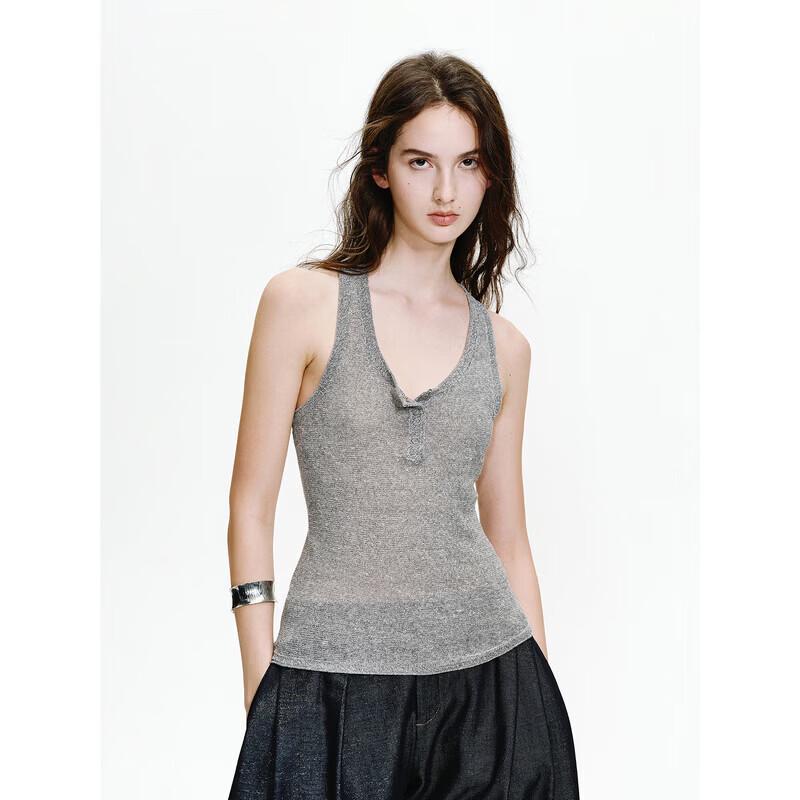 Women s Shimmer Sequin Linen Blend Henley Knit Vest Top L