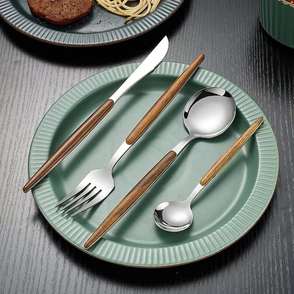 4pcs Stainless Steel Imitation Wooden Handle Cutlery Set Dinnerware Tableware Knife Spoon Fork Cutlery Set Tableware