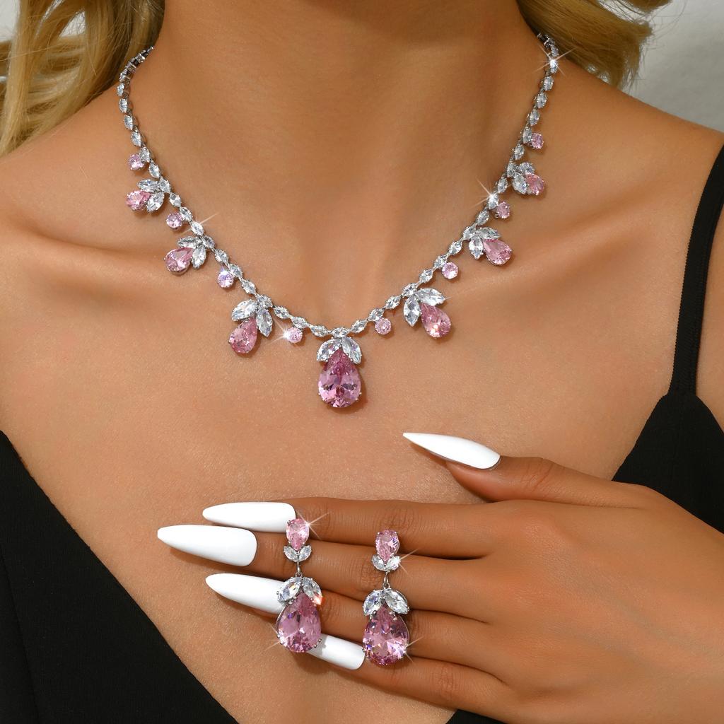 3PC Women's Fashion Zircon Series Pink Water Drop Necklace Earrings Zircon Set Suitable for Wedding, Party, Festival Gifts-8583