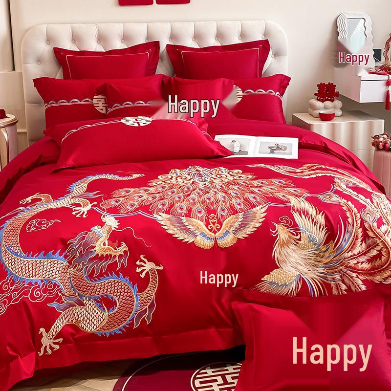 Luxury Dragon & Phoenix Embroidered Wedding Bedding Set - Red Bridal Room Dowry Sheet & Duvet Combo
