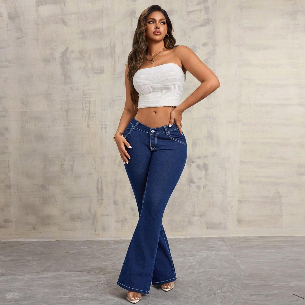 Women's Fashionable Casual Micro Flared With Frayed Edges And Double Button Jeans