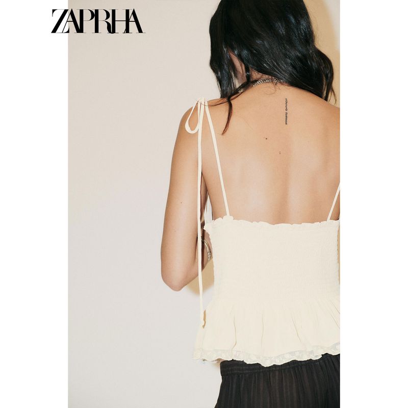 Zaprha 2025 Summer New Island Beautiful Beige Honeycomb Grid Patchwork V-neck Sling Top 0881010