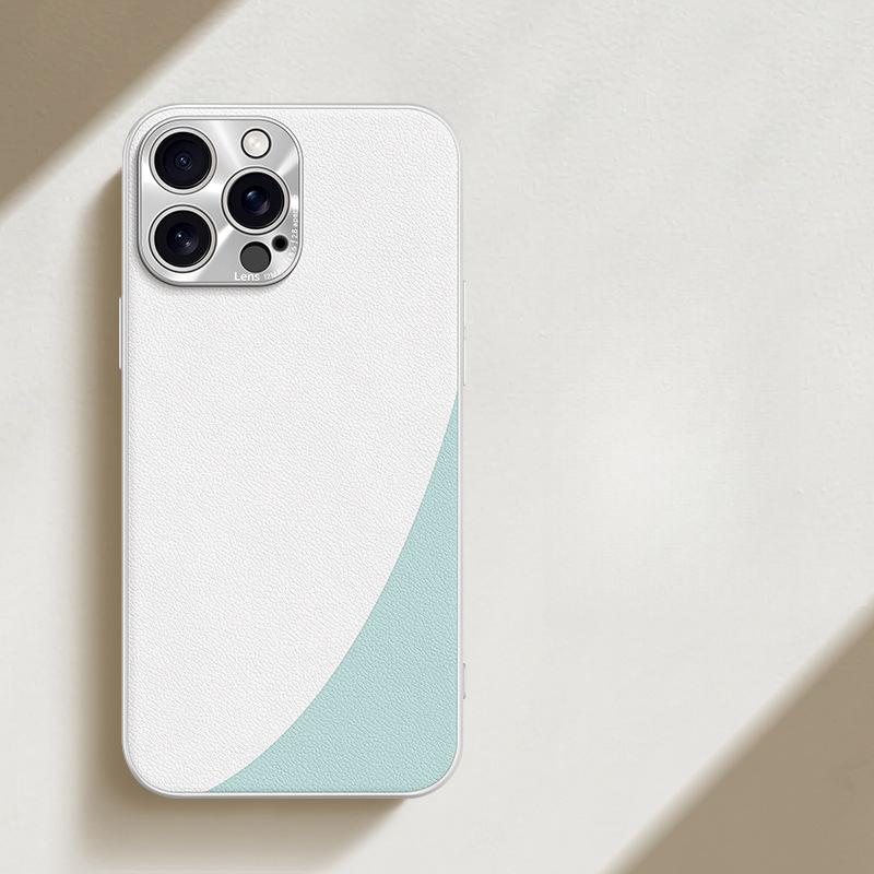 Applicable To Apple 15 ProMax Plain Leather Color-blocking Mobile Phone Case IPhone 14 High-end 13 Lens Anti-fall Protection Case