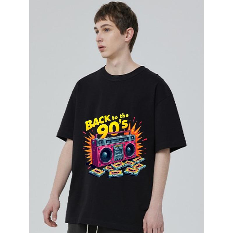 Back To The 90s T Shirt Black Boombox and Cassette Tape Print Retro Party Wear