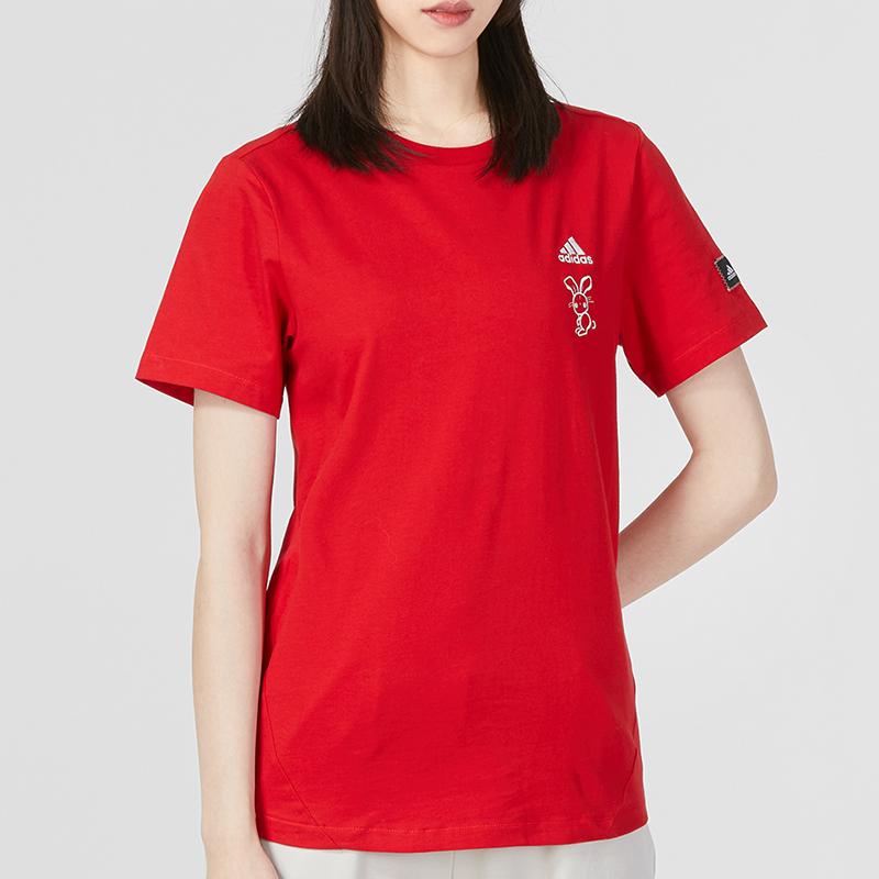 Adidas Cartoon Rabbit Embroidery Logo Sports Casual Round Neck Short Sleeve T-Shirt Women Tops Red HZ3005