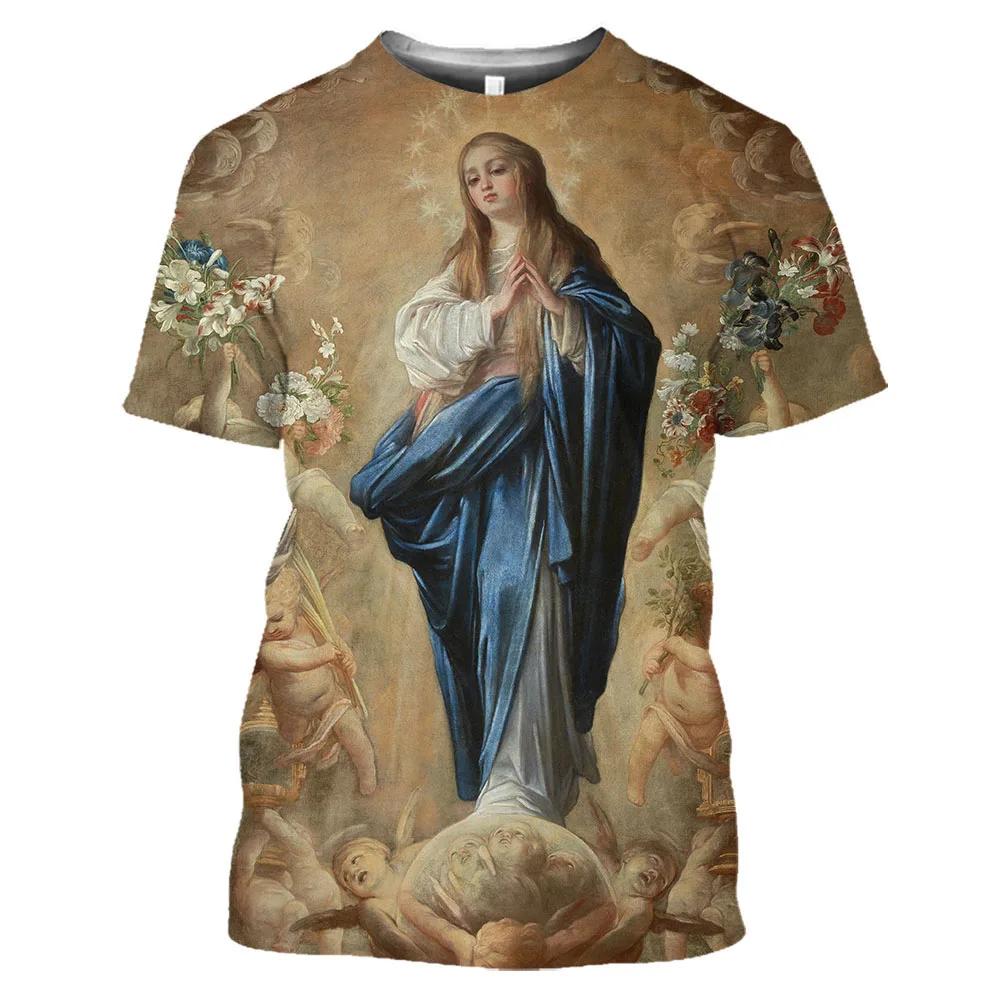 Summer Catholic Polyester O-collar Loose Short Sleeve Oversized Comfortable Top Men's 3d Printed T-shirt Virgin Mary Guadalupe
