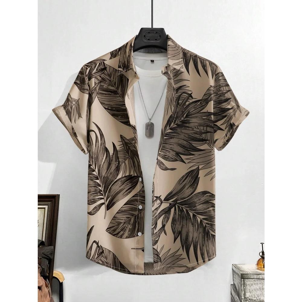 Men's Hawaiian shirt with 3D printing of tropical leaves, Licra short sleeved Hawaiian shirt for outdoor vacations, beaches, and summer