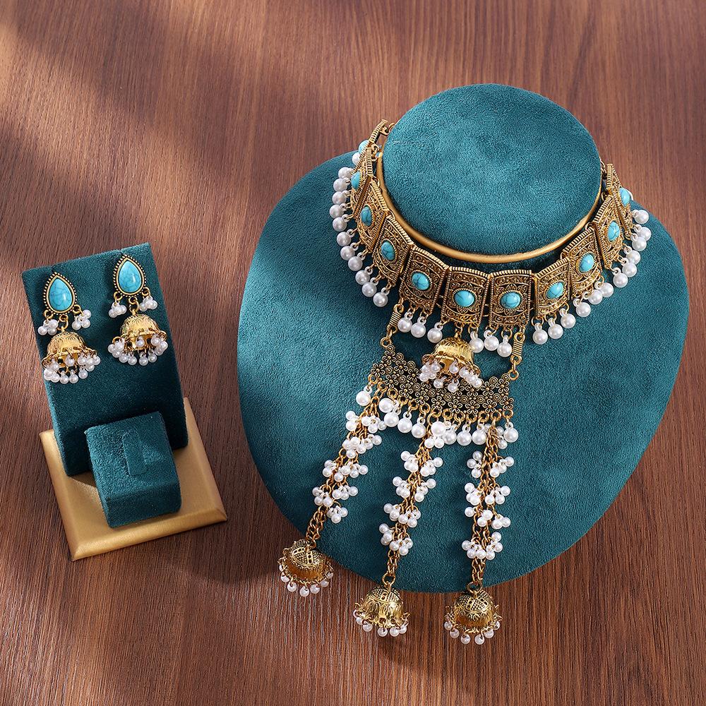 Indian Ethnic Style Colored Diamond Bells, Pearl Necklace, Earrings, Two-piece Set, Retro Style Exotic Bridal Alloy Jewelry.