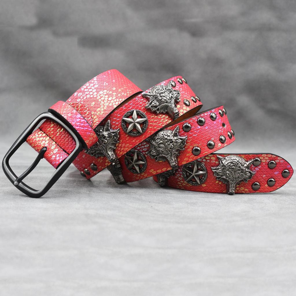 7-Farben 3D Wolfskopf Nieten Ledergürtel mit Schlangenprint für Herren und Damen, Y2K Punk Stil