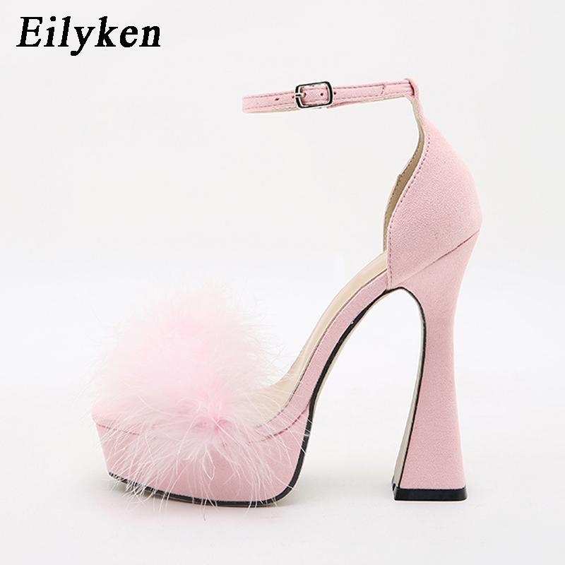 Eilyken Summer Platform Peep Toe Women Sandals Sexy Elegant Feather Buckle Strap High Heels Wedding Party Shoes