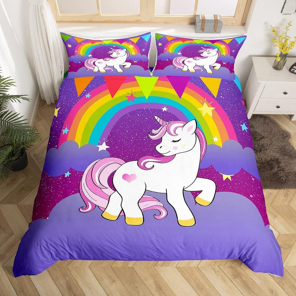 Comforter Girls Unicorn Full King Queen Size Microfiber Eyelashes Floral Comforter 3D Cartoon Bedding Set For Kids Teen