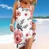 Women Plus Size Sleeveless Round Neck Dress Black Base Light Pink Palm Leaf Print Irregular Hem Loose Beach Dress