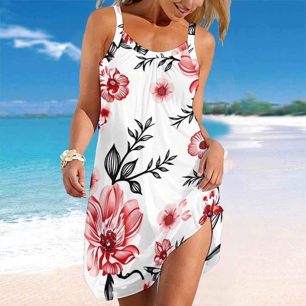 Women Plus Size Sleeveless Round Neck Dress Black Base Light Pink Palm Leaf Print Irregular Hem Loose Beach Dress