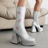 Hartvormig Paillettenstof Materiaal Kleurblok Dames Middenlaarzen Platform Hoge Vormige Conische Hak Dikke Pluche Voering Laarzen