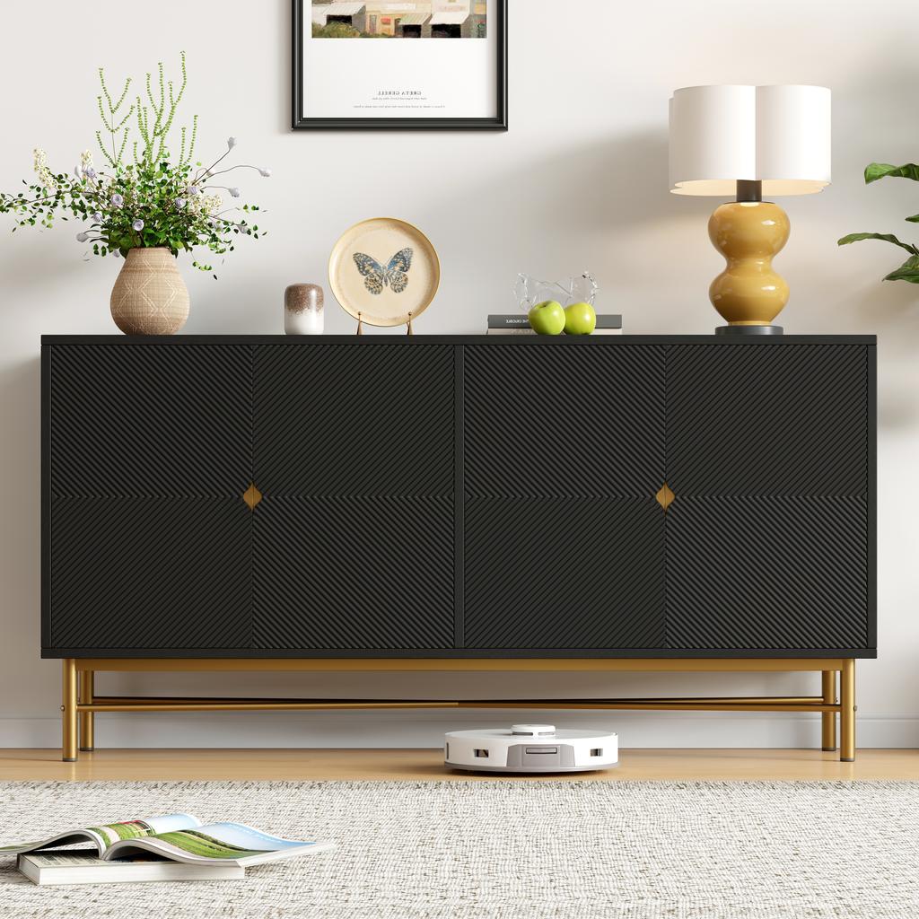 Sideboard with Raised Texture 160cm, with Four Doors, Golden Brushed Handles and High-Gloss Table Legs, Black, 160×40×82cm(old Sku N657P28156667S)
