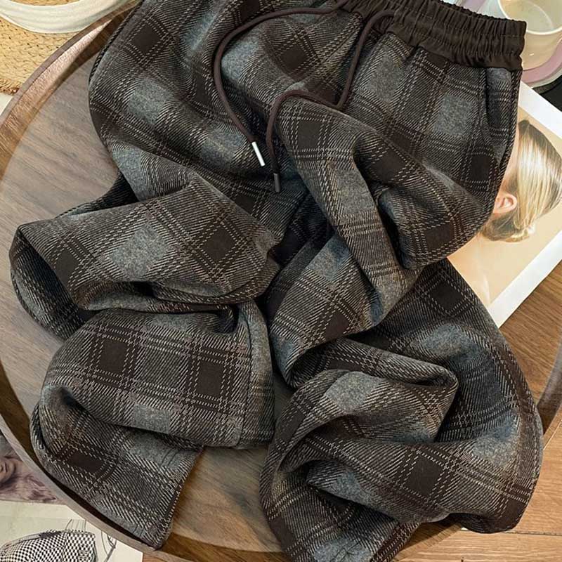 Pants for Women  High Waist Long Trousers Plus Size Double Layer Versatile Casual Plaid High Waist Drawstring Pants
