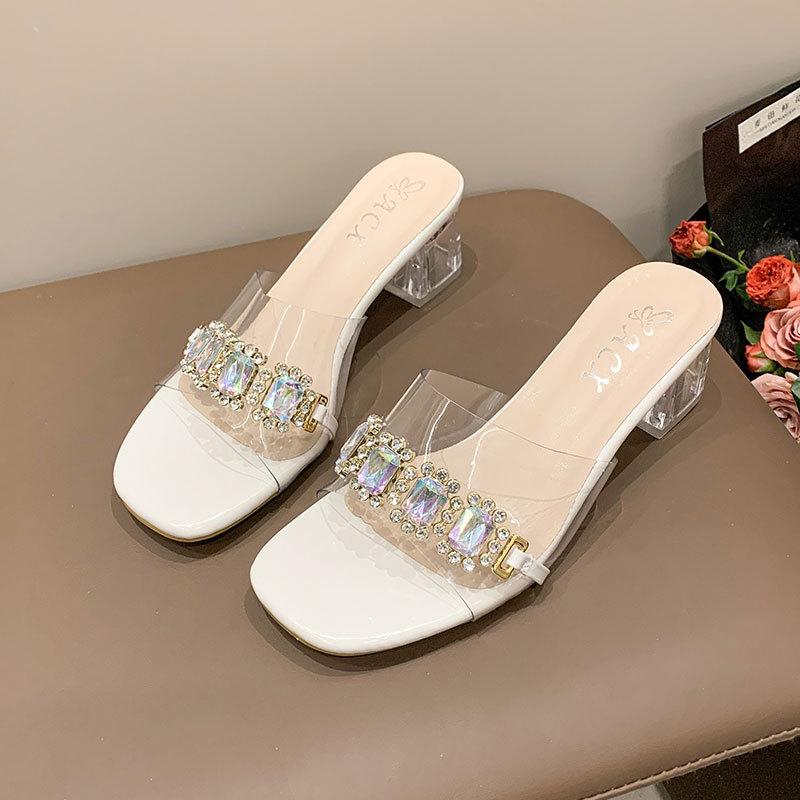 

Крутые тапочки 2025 новые женские летние прозрачные толстый каблук для выхода в свет высокие каблуки нежный ветер водный бриллиант нескользящие шлепанцы 40 бежевый